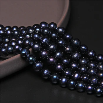 7-8mm Brut Rotund Negru Perle de apă Dulce Margele de Înaltă Calitate, Cultivate Natural Pearl Margele Vrac Pentru a Face Bijuterii DIY Strand 14