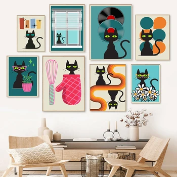 Pisici Amuzante La Mijlocul Secolului Postere Si Printuri Panza Pictura Pisica Neagra Poze De Perete Pentru Camera De Zi Iubitor De Pisici Cadou Home Decor