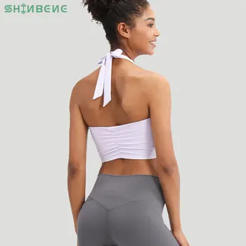 SHINBENE Backless Halter Sutien de Sport de Fitness Yoga Bralette Culturilor Topuri Sexy Nailon Tesatura Antrenament Sutiene Sport pentru Femei XS-XL