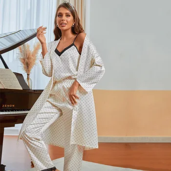 QSROCIO Noi Femeile Pijama 3 Piese Set Polka Dot Halat Sling Sus Pantaloni Silky Touch îmbrăcăminte de noapte pentru femei V-neck Sleepwear Homewear Lounge,
