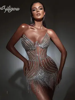 Ailigou 2022 Noua Moda pentru Femei Tub V-Neck Top Diamant Ciucure Rochie Mini Sexy Celebritate Designer Petrecere de Club Rochie Bodycon