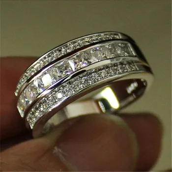 Bărbați Deluxe 10K Aur alb Prințesă tăiat Rudy Granat Cristal piatră prețioasă Trupa inel Inele de Nuntă pentru Bărbați Bijuterii Femei