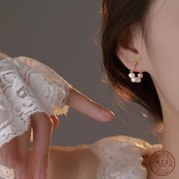 925 Sterling Silver-coreean Temperament Perle Sintetice Înapoi Agățat Cercei Scurte pentru Femei Fata Dulce Bijuterii Cadou
