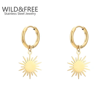 Wild&Free Placat Cu Aur Cu Pandantiv Soare Hoop Cercei Pentru Femei Din Oțel Inoxidabil Rotunde Mini Cerc Cercei Moda Bijuterii En-Gros
