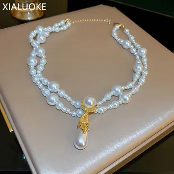 XIALUOKE Baroc Dublu Colier de Perle Pentru Femei de Lux Elegant Cravată Clavicula Lanț Coliere Petrecere Bijuterii