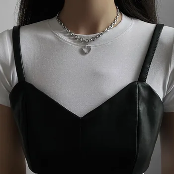 Punk Gros de Blocare Lanț Forma de Inima Pandantiv Scurt Cravată Colier pentru Femei Retro URI de Culoare Argintiu Metal Lanț de Gât Bijuterii Cadou