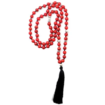 8CM Piatra Roșie șirag de mărgele Mala Rugăciune Japa Șirag de mărgele negru tassel colier lung