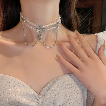 2020 Coreea De Noul Design De Bijuterii De Moda Exagerat De Cristal Ciucure Alb Elegant Pearl Feminin Clavicula Colier