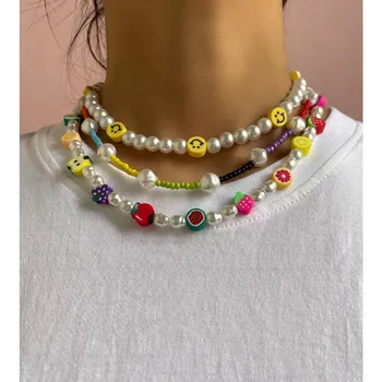 2021 Nou Pearl Smiley Cu Margele Colier Pentru Femei De Fructe Colorate Acrilice Șirag De Mărgele De Semințe Strand Lanț Cravată Coliere Bijuterii Boemia