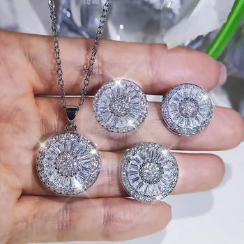 Ziua îndrăgostiților Cadou AAAA Rotund Cubic Zirconia Argint 925 Seturi de Bijuterii Cercei Pandantiv Colier Reglabil Inele de Argint