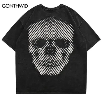 Hip Hop De Epocă T-Shirt Streetwear Craniu Schelet Scrisoare De Imprimare Spălat Tricou Harajuku Punk Gotice Casual De Bumbac Vrac Tricouri