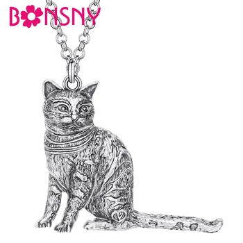 Bonsny Aliaj Placate Cu Argint Antic Elegant Pisoi Pisică Colier Mentale Animal Pandantiv Bijuterii Pentru Femei, Fete Amuzant, Cadou De Ziua De Nastere