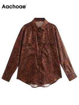 Aachoae Epocă Leopard Imprimate Bluze Tricouri Femei Rândul Său, În Jos Guler Maneca Lunga Tricouri Femei Butonul De Sus Bluze Largi, Topuri 