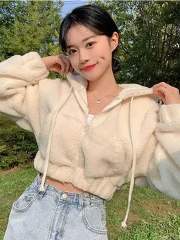 Deeptown Moda Coreeană Lână De Miel Zip Solide Scurt Hoodies Femei Dulce Vrac Jachete Cu Glugă Topuri Cu Maneci Lungi Toamna Anului 2022