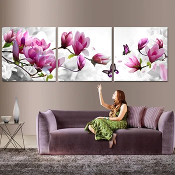 HD Imprimeuri Panza de Poze Cadru 3 Piese de Arta de Perete Roz Violet Tulip Flori Fluturi Tablouri Pentru Living Decor Acasă