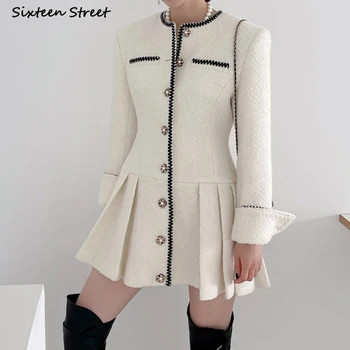 Vintage Chic Rochie de Tweed Femei 2023 Toamna Iarna Elegante de Lână Amestec Rochii Vestido de Afaceri de Birou Negru Îmbrăcăminte pentru Femei