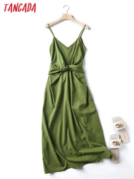 Tangada 2022 femei de moda verde lenjerie de pat din bumbac arc rochie de epocă doamnelor fără mâneci rochie midi 4C71
