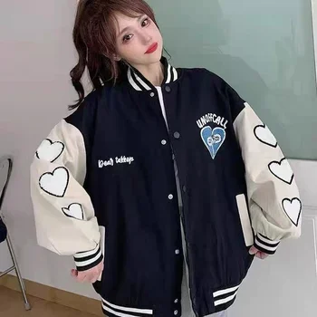 Feiernan Sacou Negru De Baseball Inima Mozaic Supradimensionate Streetwear Coreeană Stil Harajuku Hip Hop Haina 2022 Uniformă Haine Chic