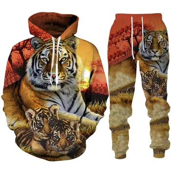 Pădure Tigru 3D Imprimate Bărbați/Femei Hanorace Pantaloni Costum Casual cu Gluga Hanorac de Trening Treninguri 2pc Set Bărbați Îmbrăcăminte