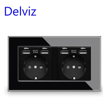 Delviz Standard UE priză USB, Negru panou de cristal, 5V Patru interfata usb,146mm*86mm,AC 110~250V, Dublă ramă Priză electrică de Perete