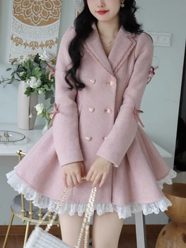 Iarna Cald Dulce Roz Rochie Eleganta Pentru Femei Dantela Stil Coreean Partid Rochie Mini De Sex Feminin Maneca Lunga Franța Epocă Drăguț Rochie Haina