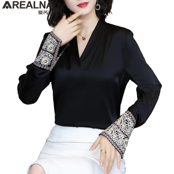 Estetic Broderii Florale Matase Satin Bluza Tricou Femei moda coreeană Femeie Maneca Lunga OL Bluze Femei Topuri si Bluze