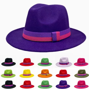 Femeile Margine Largă Lână Simțit Jazz Fedora Pălărie Cu Centura Mov Elegant Bărbați Margine Largă Panama Trilby Capac en-gros