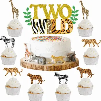 Funmemoir Două Wild Tort Fân Animale Jungla Cupcake Toppers Animale Safari pentru Copii 2 Ziua de naștere Partidul de Decorare Tort Consumabile