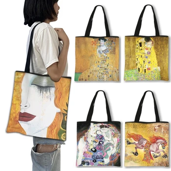 Pictură În Ulei De Gustav Klimt Geantă De Cumpărături Femei Geantă De Mână, Sărut Lacrima La Virgen Genti De Umar Casual Tote Mare Capacitate Geanta Shopper
