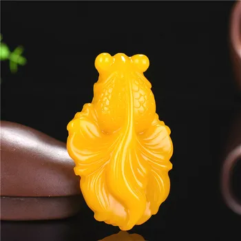 Naturale Galben Jade Peștișorul de aur Pandantiv Colier Chinez Sculptat manual Bijuterii Farmec Amuleta Accesorii de Moda pentru Barbati, Cadouri Femei