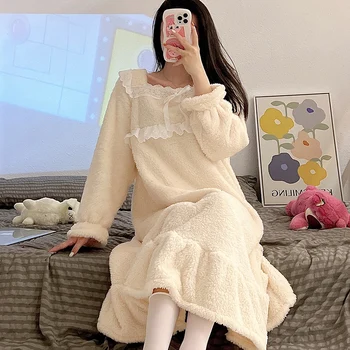 De Iarnă 2022 Dulce Dantela Printesa Cald Gros cu Maneci Lungi Cămăși de Flanel pentru Femei coreene Pijamale Drăguț Rochie de Noapte Cămașă de noapte
