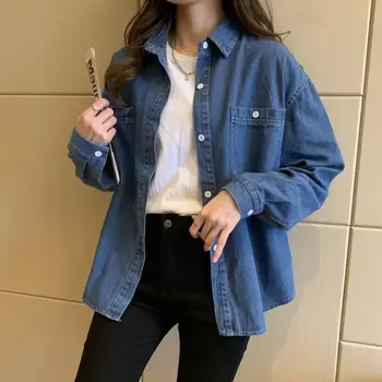 Coreea Style Femei Denim Cămașă de Bază Chic Butoane Casual Jean Bluza de Primavara Toamna Buzunar Culoare Solidă Guler Polo Top de sex Feminin