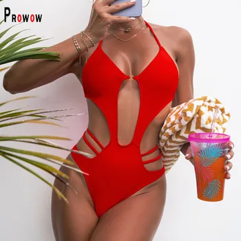 Prowow Femei Sexy Bikini Una Bucata Fara Spate Gol Culoare Roșu De Sex Feminin Costum De Plajă 2022 Noi De Vara Brazilian Bikini Costume De Baie