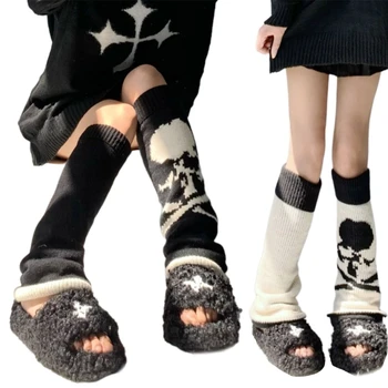 Gothic Punk Ars Elastic Încălzit de Picior Japoneze Femei Craniu Skeleotn Tricotate Șosete Genunchi Mari Boot Mansete Picior Acoperă 37JB