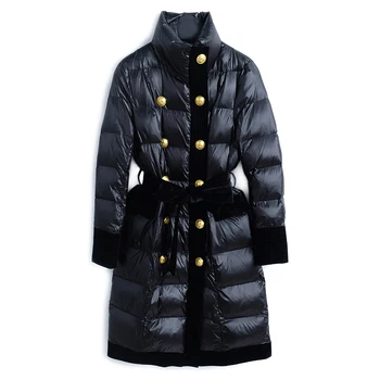 Mult Jos Haina Neagră Femei Design Nou Iarna Guler Înalt Îmbrăcăminte Exterioară Rând Dublu De Catifea Despicare Cu Centură Palton Tinuta Sacou În Jos