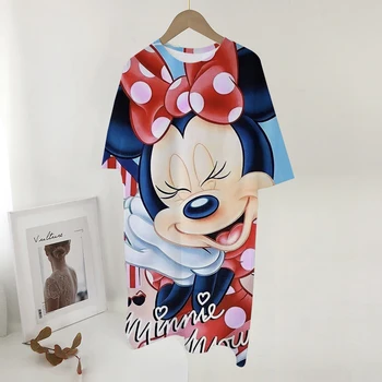 Disney Mickey Mouse Femei T-Shirt, Rochii de Vara cu Maneci Scurte Rochie Mini Vrac Tipărite O de Gât de Desene animate de Imprimare Halate de Streetwear