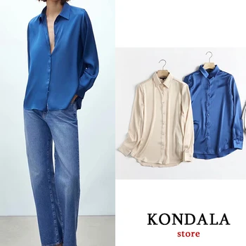 KONDALA Za 2021 Epocă Solid Albastru Satin Tricouri Femei Maneca Lunga Singur Buton Office Lady Bluze Elegante, Topuri Mujer