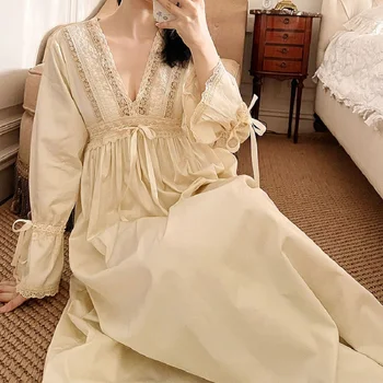 Vintage Broderie De Bumbac Lungă Cămăși De Noapte Pentru Doamna Dantela Cu Maneca Lunga Bej Elegante, Cămăși De Noapte Confortabil Sexy Rochie De Noapte