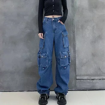 Y2K Femei Vintage Streetwear Largi Cargo Blugi de Mare Si Liber Drept Pantaloni Largi Picior Pantaloni din Denim Zână Grunge Alt Haine
