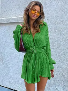 Sexy verde Rever Femei Rochie Casual cu Maneca Lunga Single-Breasted Rochie Mini Tricou Doamnă Elegant Plisata Centura Rochie Scurtă