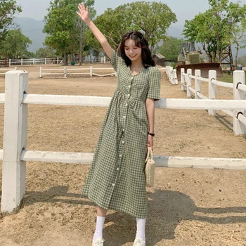 2021 Rochie Femei Singure Pieptul Carouri Rochii Largi de Agrement Minunat coreean Talie Elastic Elegant Colorate Rochie pentru femei