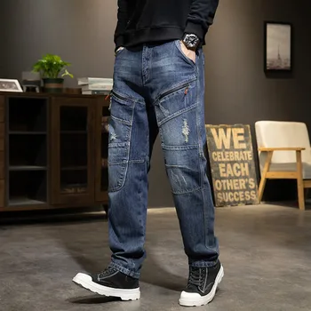 Plus Dimensiune Blugi Drepte Mens Îmbrăcăminte de Agrement Pantaloni din Denim Elasticitatea Jean de Îmbinare Împletit Bărbați Pantaloni Cargo
