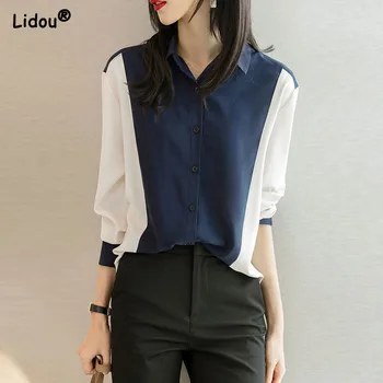 Moda Elegant Guler de Turn-down Butonul Bluze Subtiri de Primavara Toamna Mozaic de Culoare de Îmbrăcăminte pentru Femei Slim Deschide Ochi Tricouri 2022
