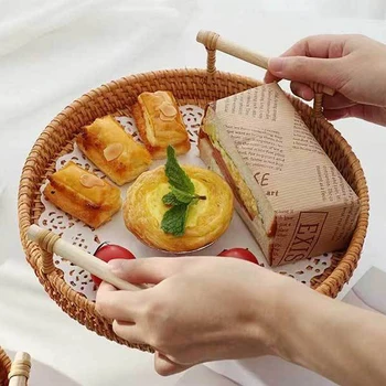Runda Mână-Țesute Rattan Tava De Stocare Gustare De Fructe Tort De Pâine Coș Cu Mâner De Lemn Micul Dejun Farfurii Pentru Masa De Cină