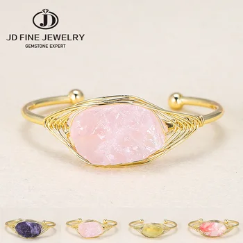JD Cristal Naturale Prime Piatră de Cuarț Roz Fluorit Deschide Manșetă Brățară de Femei de Culoare de Aur Wire Wrap Brățări de Vindecare Cadouri Bijuterii