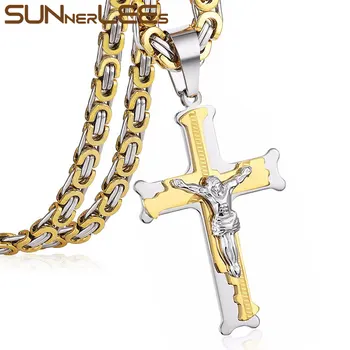 SUNNERLEES din Oțel Inoxidabil Isus Hristos Crucea Pandantiv Colier Bizantin Link-ul Lanț de Argint de Culoare Placat cu Aur Barbati Baiat Cadou SP207