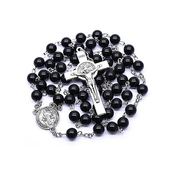 QIGO Negru Acrilic Cruce Rozariul Margele Colier Pandantiv Lung Pentru Barbati Femei Rugăciune Religioasă Cadouri Bijuterii
