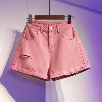 Primavara-Vara pentru Femei de Moda Violet Rupt pantaloni Scurti din Denim Casual Ladies Plus Size Grăsime Noi Largă picioare O linie de Pantaloni Fierbinte Trend Roz