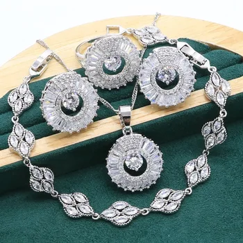 Noi Sosiri Argint 925 Seturi De Bijuterii Pentru Femei De Zi Cu Zi Alb Brățară De Cristal Cercei Colier Pandantiv Inel De Bijuterii De Nunta