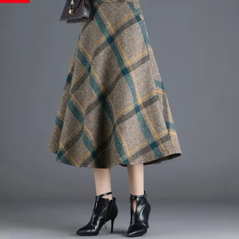 Fusta feminin 2022 toamnă și de iarnă lână carouri fusta femei mid-lungime temperament fusta a-line de înaltă talie subțire fusta retro